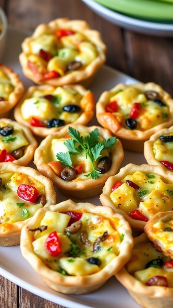 A tempting display of mini quiches with pie crust, filled with cheese and vegetables, served on a rustic wooden platter.